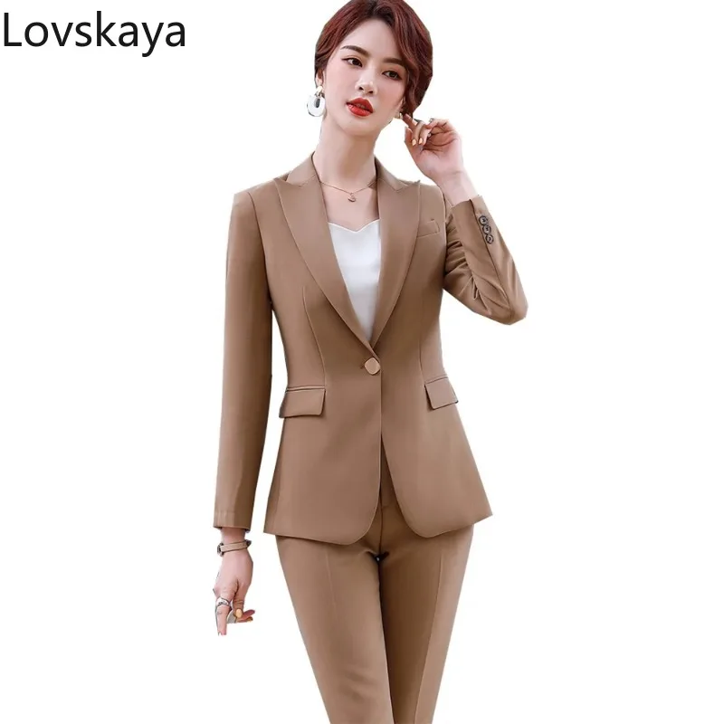 

Women Slim Blazer and Trouser Two Pieces Set Khaki Pink Blue Coffee Black Ladies Formal Pant Suit