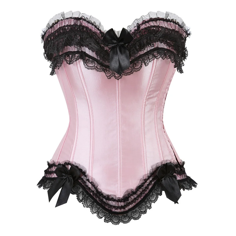 Women\'s Sexy Satin Lace Bow Corsets And Bustiers Tops Gothic Side Zipper Lingerie Body Shaper Overbust Corset