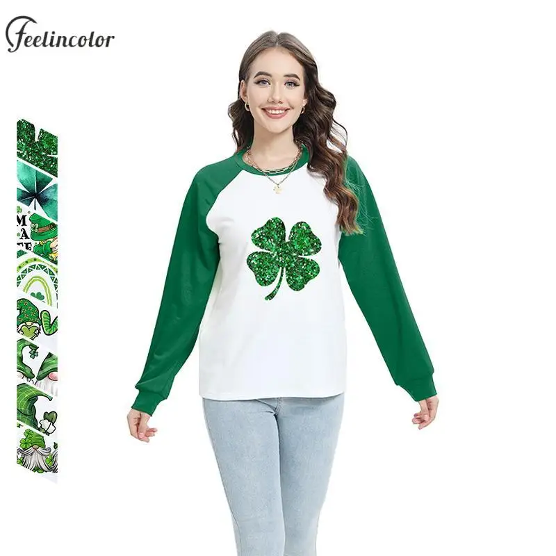 St. Patrick's Day Women Sweatshirts Lucky Irish Clover Print Pullover Green Casual O Neck Sweatshirt Holiday Female Clothing