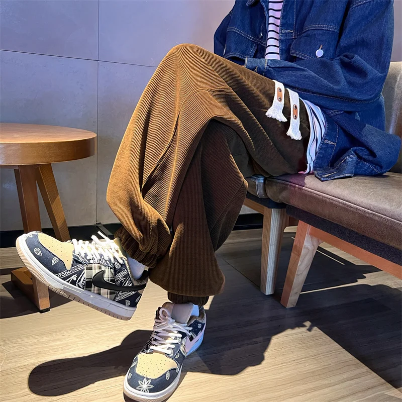 

Мужские спортивные брюки из европейского хлопка, плотные, свободного кроя, весна-осень, в американском ретро-стиле, вельветовые, с манжетами, повседневные брюки