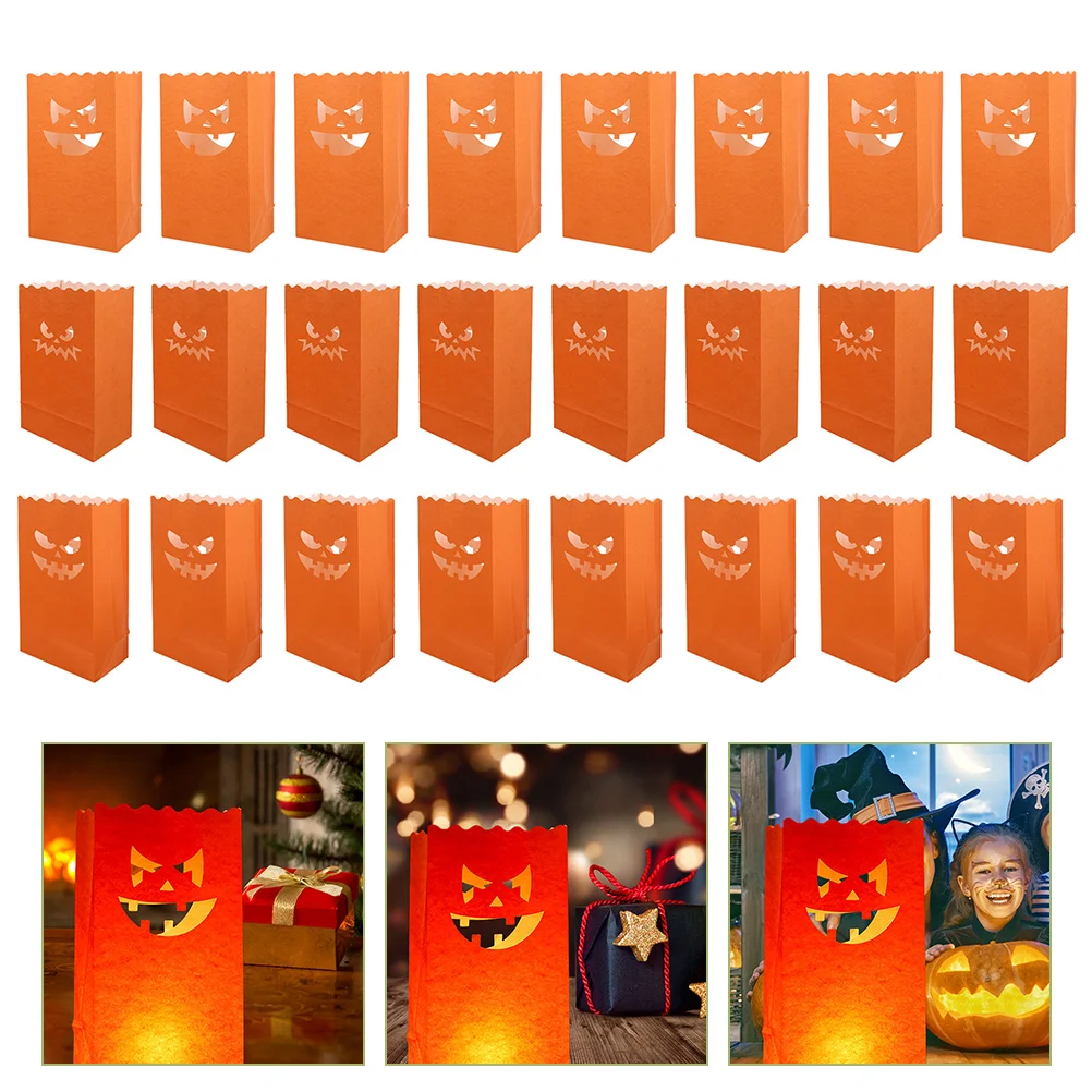 24 Pcs Pumpkin Paper Bag Halloween Hotel Decor Luminary Bags Lanterns Face Design Decoration Supplies