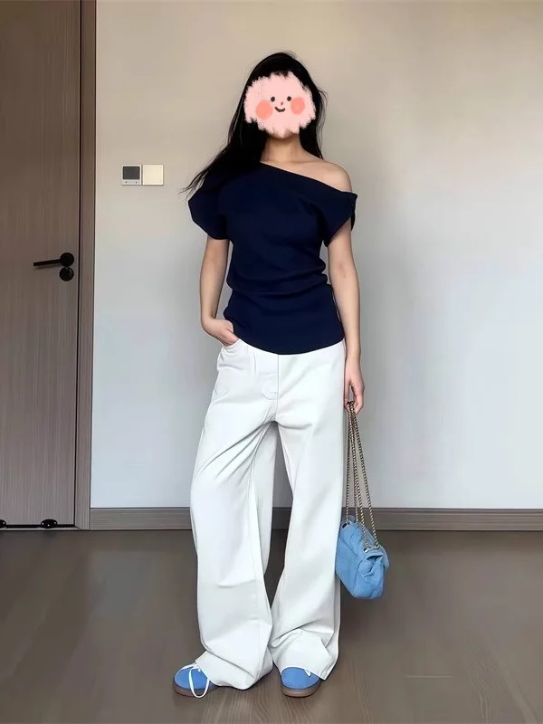 T-shirt slim fit chic da donna Summer Faion Design dolce e piccante Asimmetrico oulder Casual ort Sve Top monospalla