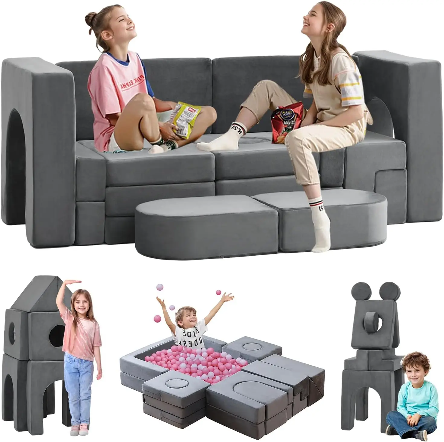 Sofá infantil modular, sofá de chão para crianças, 1000 + móveis criativos para sala de jogos DIY para crianças, espuma conversível e Floo