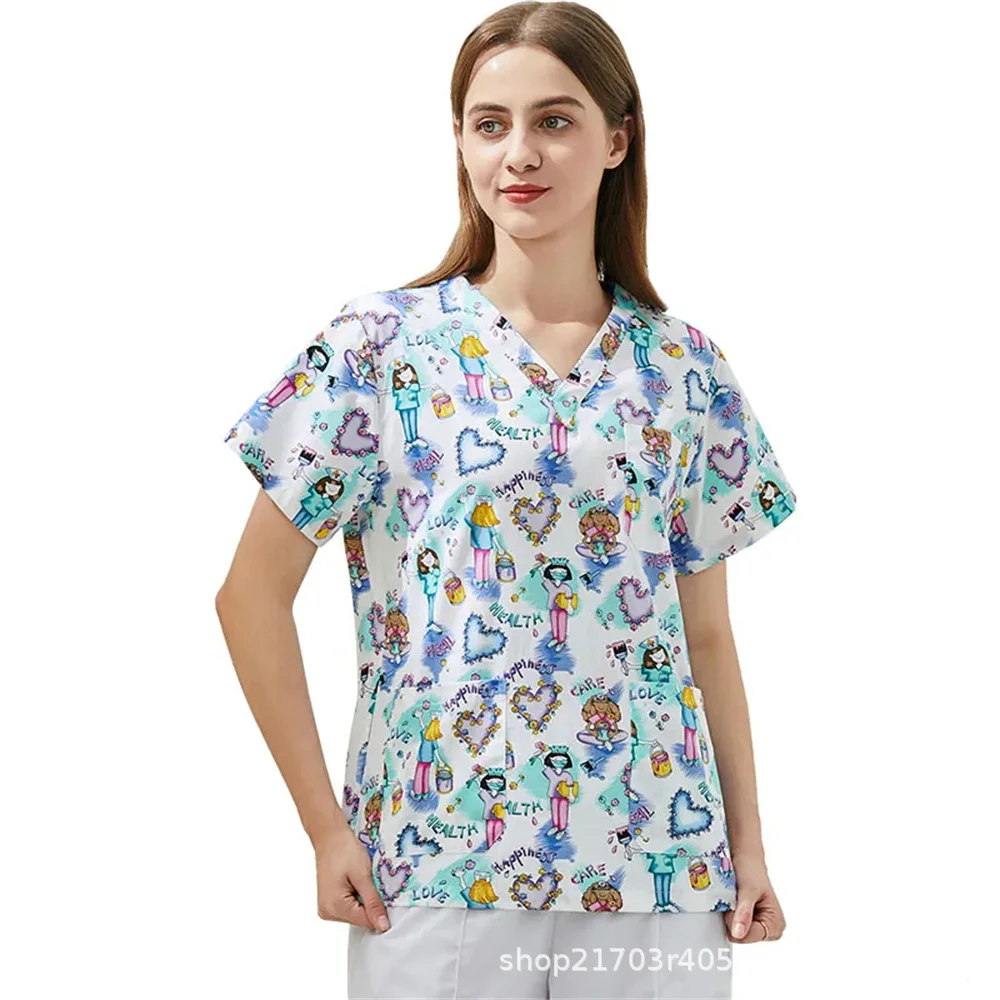 2025 новая европейская и американская женская защитная рабочая одежда с v-образным вырезом и короткими рукавами, рабочая одежда для медсестры с 3D принтом мультфильмов и цветочным принтом
