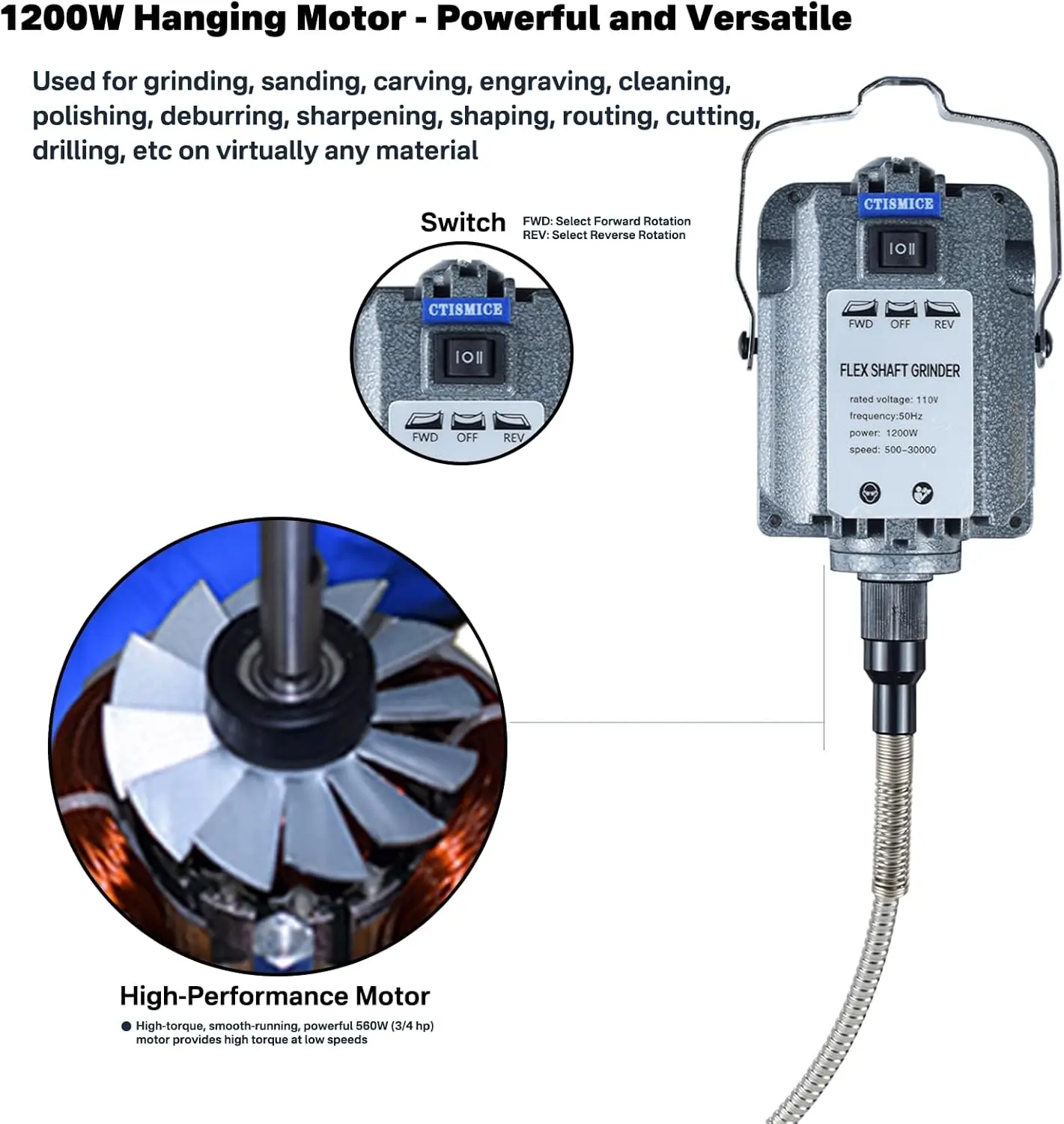 Shaft Grinder Electric Rotary Tool Supporting Forward and Reverse Rotation, Flexible Shaft Machine Kits with Variable Speed