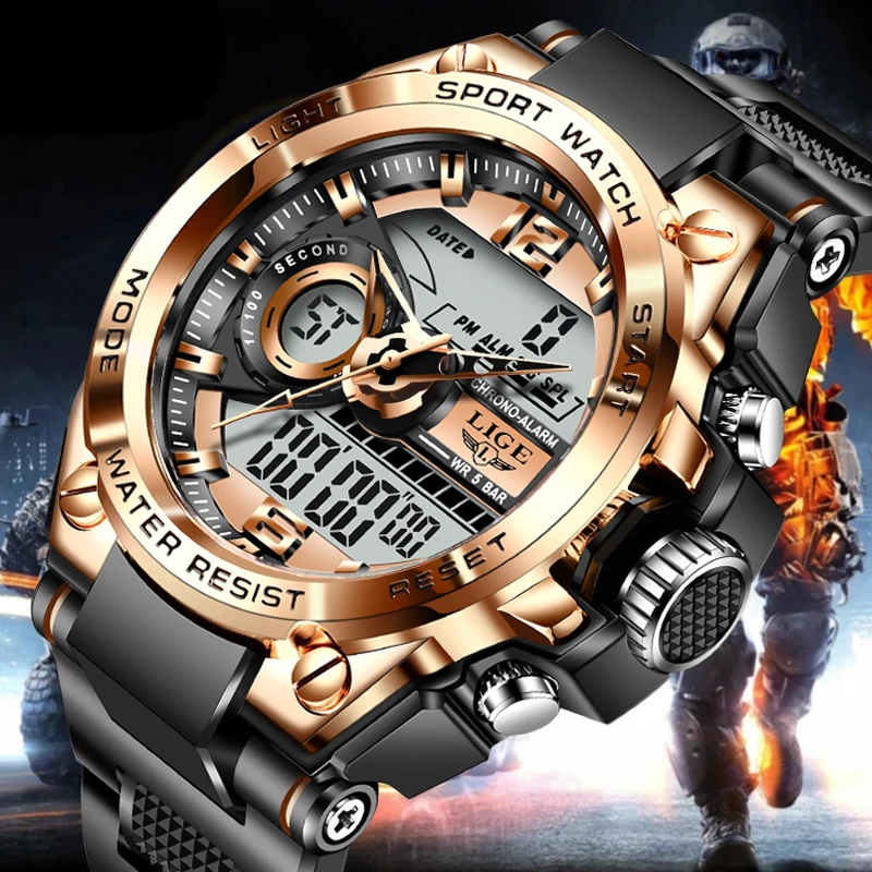 

LIGE мужские спортивные цифровые часы для дайвинга, мужские часы в стиле милитари, роскошные стальные деловые хронографы, силиконовый ремешок, 50 АТМ, водонепроницаемые