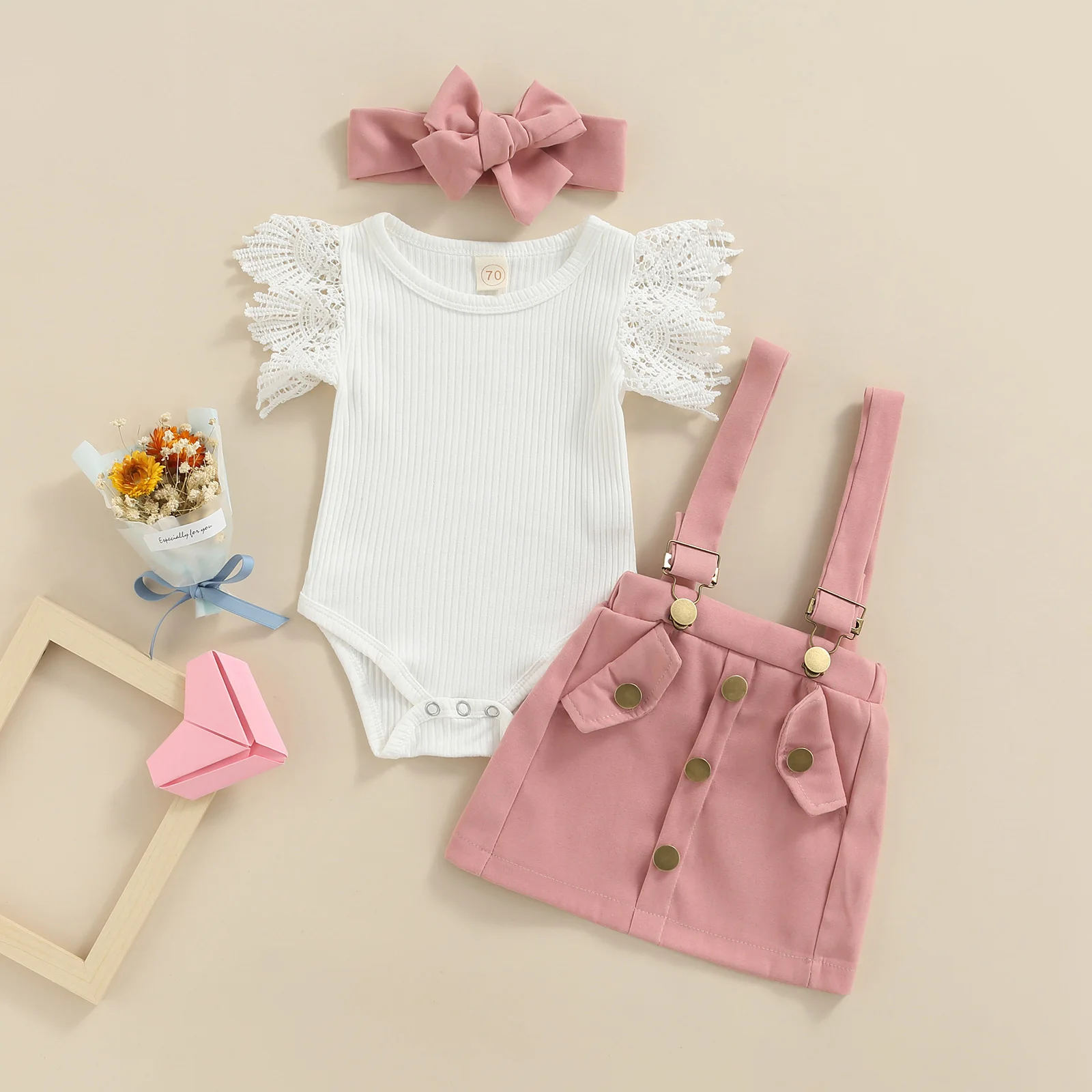 Infant Baby Girls Summer Outfit Sets White Flying Sleeve Ribbed Romper + Solid Color Suspender Skirt + Headband