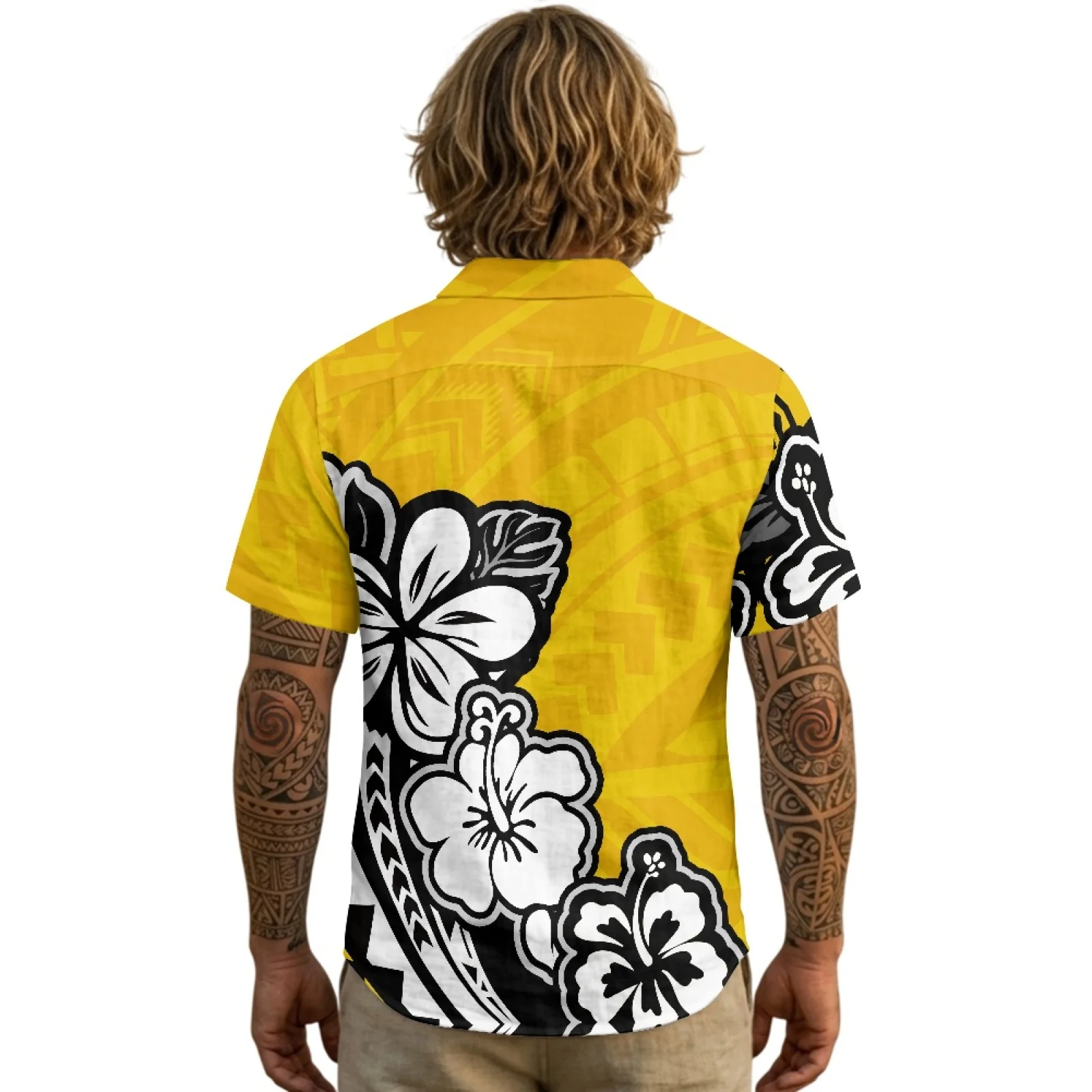 PENSTROLL Tropical Floral Print Linen Like Mens Short-Sleeved T-shirt Single Breasted Men's Top for Male S-3XL