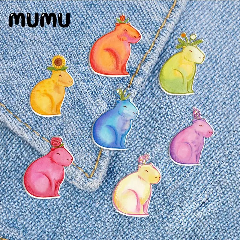 2023 New Flower Capybara Lapel Pin Rose Daffodil with Animal Acrylic Brooches Handmade Epoxy Jewelry Shirt Bag Badge