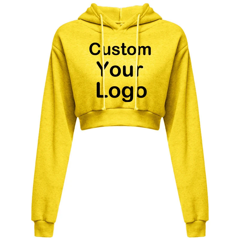 Customized Logo Print Crop Hoodie Women Spring Autumn Pullovers Ladies Solid Color Drawstring Hooded Full Sleeve Sweatshirt