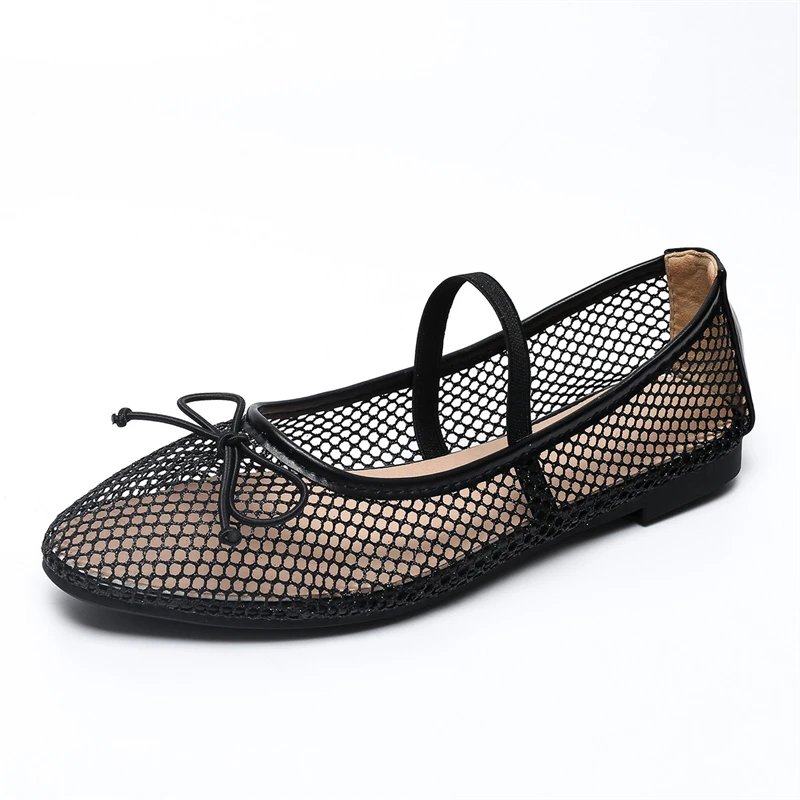 

Bowknot Elastic Band Mesh Design Women's Flat Shoes Breathable Big Size 35-45 Ladies Ballet Dancing Shoes Black Shoes For Woman