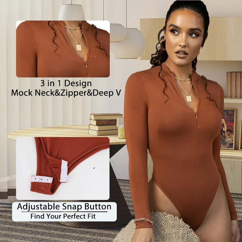 Women Thermal Underwear Mock Neck Bodysuit Long Sleeve Shapewear Sexy Deep V Body Shaper Slimming Zipper Jumpsuit Warmth Basic