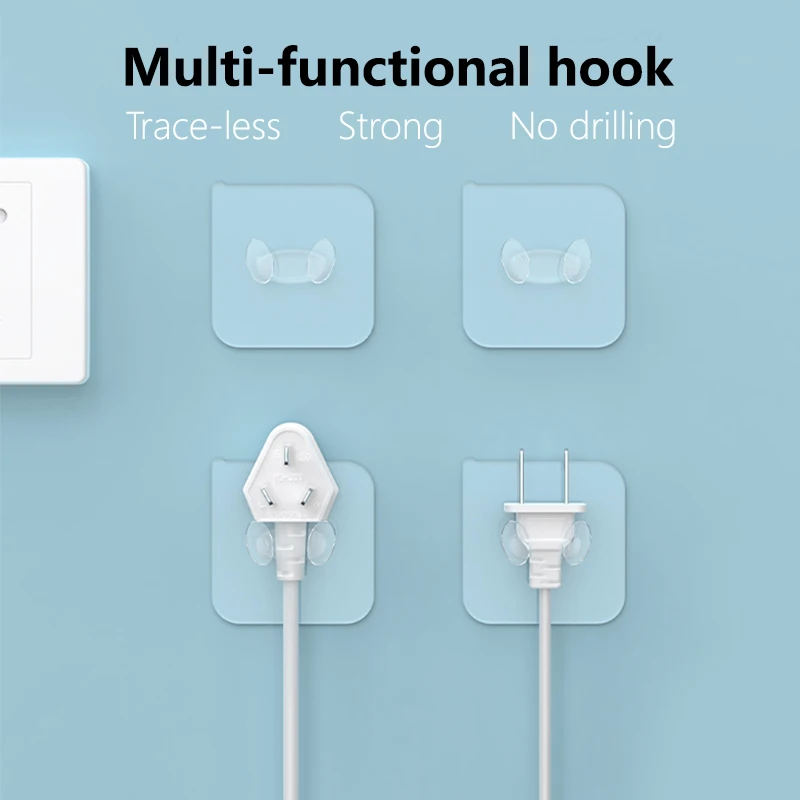 Multi-Functional Plug Hook Strong Adhesion Trace-Less Kitchen Bathroom Wall Sticky Hook Badminton Racket Plug Fixer No Drilling