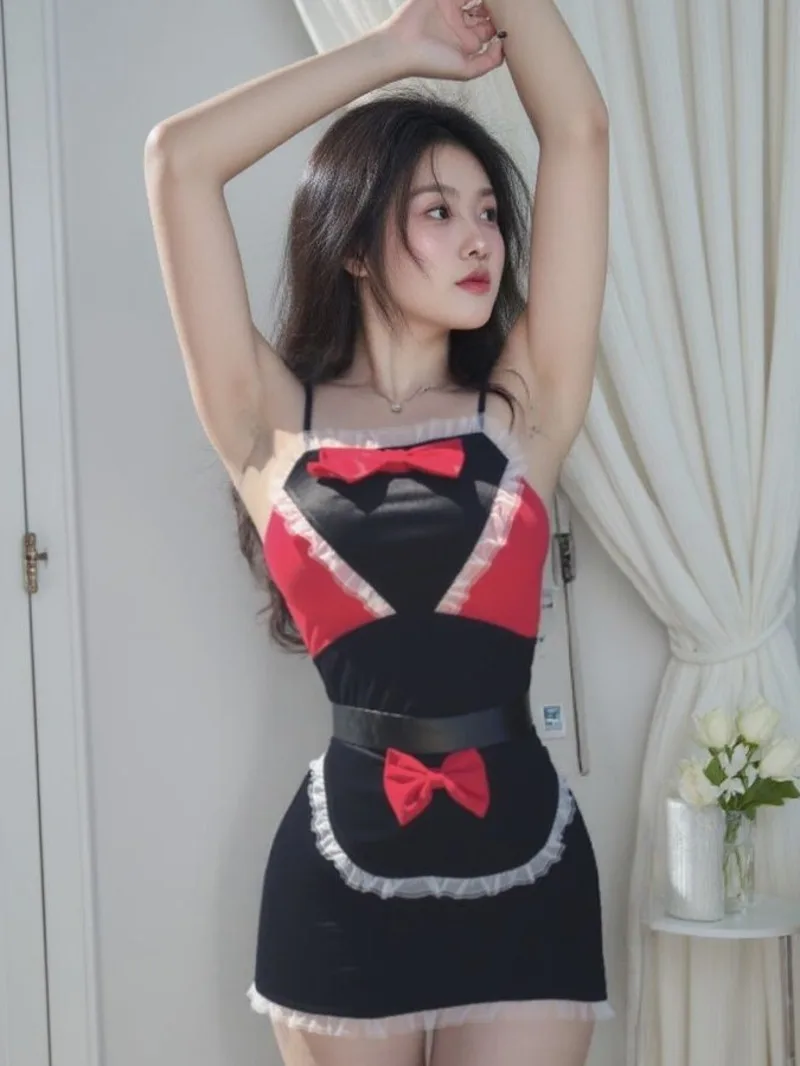 Delantal de sirvienta en vestido encantador lindo dulce lazo encaje recortado espalda descubierta tirantes en V profundo sin mangas vestido envolvente a la cadera elegante II1M