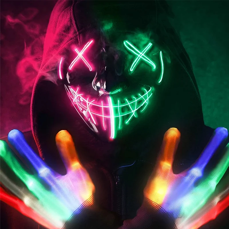 1Pair LED Flashing Skull Gloves Finger Lighted Gloves Colorful Glowing Party Supplies for Boys Girls Halloween Glow Party Props