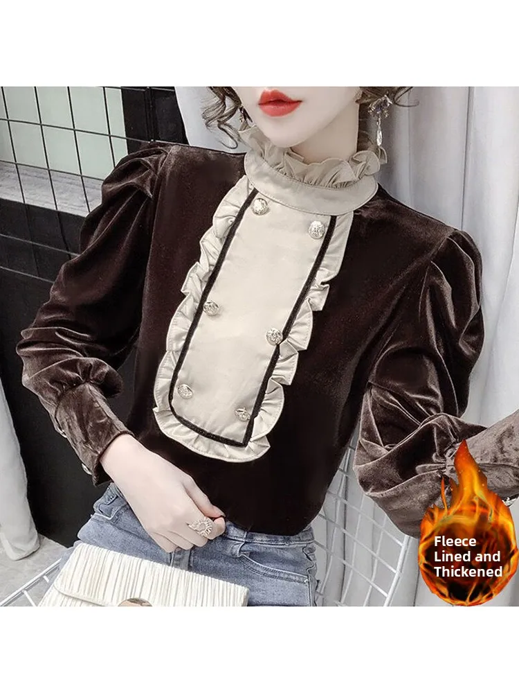 

Gold Velvet Long Sve irt Women's Design Sensation Autumn Winter New Retro Court Sle Base Layer Top