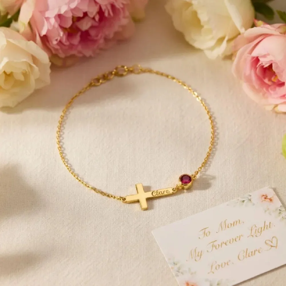Sipuris Personalisiertes Namensarmband aus Edelstahl mit Kreuzanhänger, personalisiertes Geburtsstein-Namensschild-Armband, Modeschmuck, Hochzeitsgeschenke – Detail 6