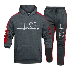 Autumn Winter Mens Tracksuit Heart Printing Hooded Sweatshirts 2 Pieces Set Fitness Jogging Sports Suit HotSales Casual Clothing