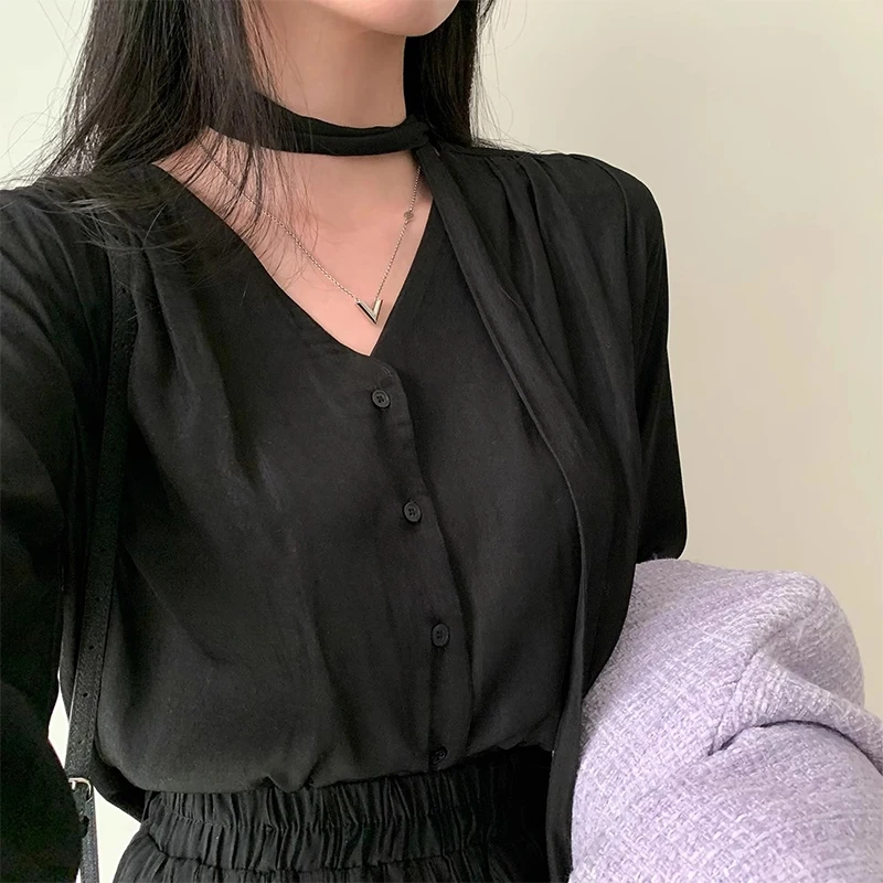 Chic V-ne Long Sve Single Button Loose Women's Casual irt Korean Sle Commute Faion Autumn Trend Loose Fit irt