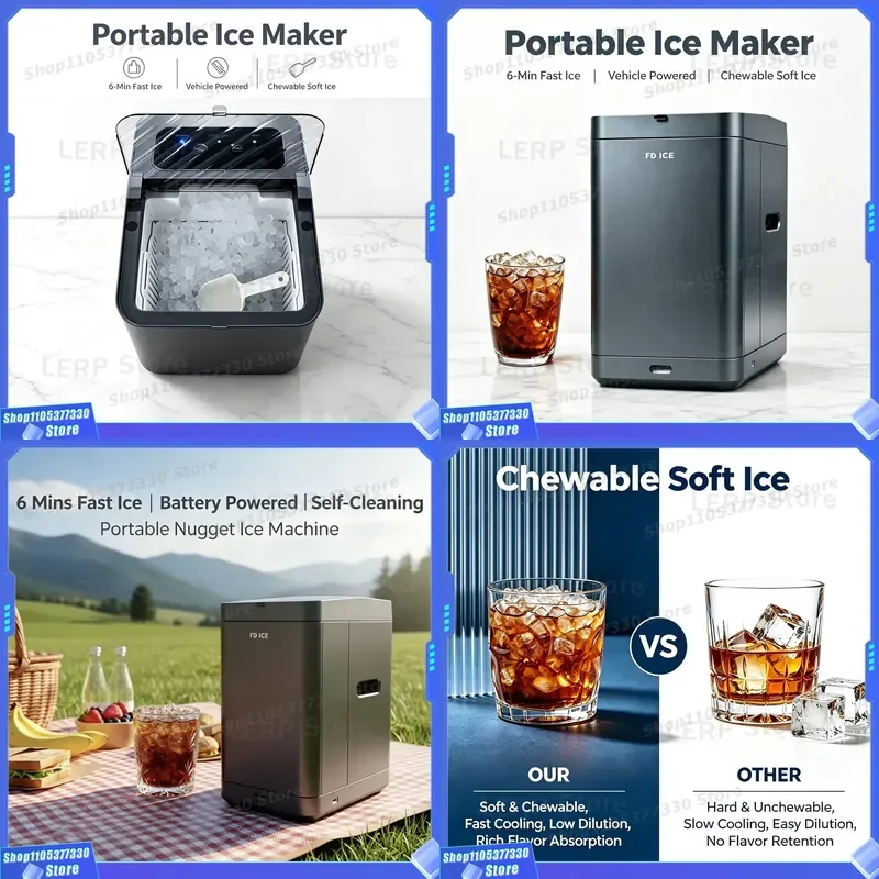 Portable DC Nugget Ice Maker for Home Office Car 6 Mins Fast High Quality Desktop Extruded Chewable Ice Machine Battery