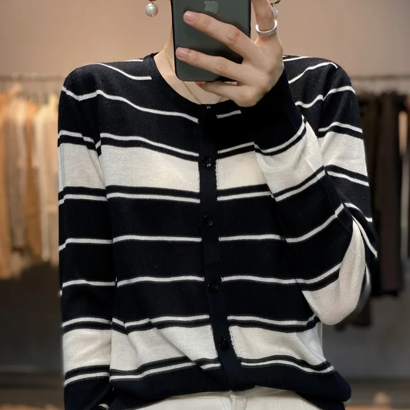 2024 New Women cashmere Stripe Cardigans Spring and Autumn  Cashmere Knitted O-Neck Thin cashmere cardigan Female