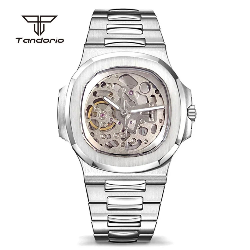 Tandorio NH70 Skeleton Dress 40mm Square Men\'s Stainless Steel Brushed Mechanical Watch Sapphire Hollow Automatic Wristwatch