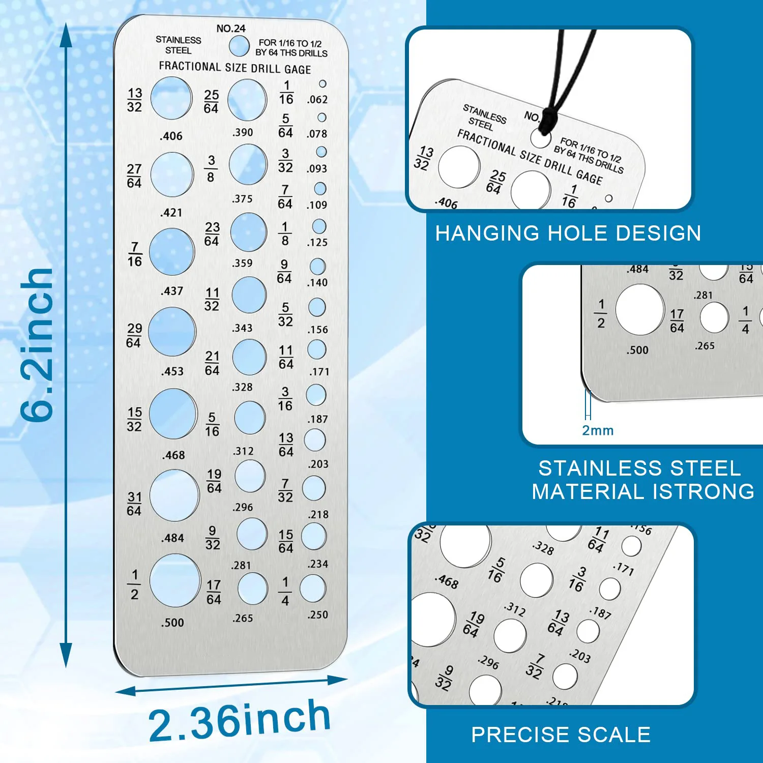 Stainless Steel 29 Hole Drill Gauge High Contrast Markings Quick Measuring Tool for 1/16 to 1/2 Inch Drill Bits Workshop Toolbox