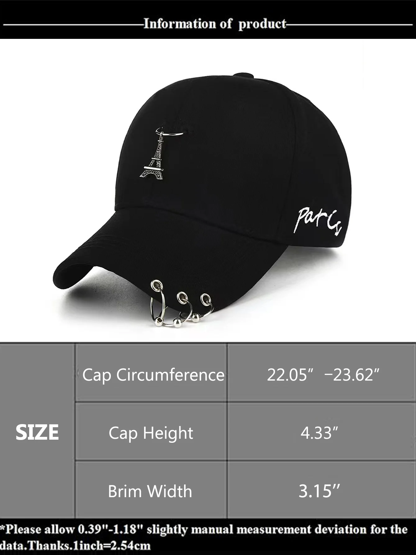 Casual Baseball Cap with Iron Rings Iron tower Hip Hop Adjustable Sports Sun Hat, Solid Color Unisex Baseball Hat Outdoor Trave