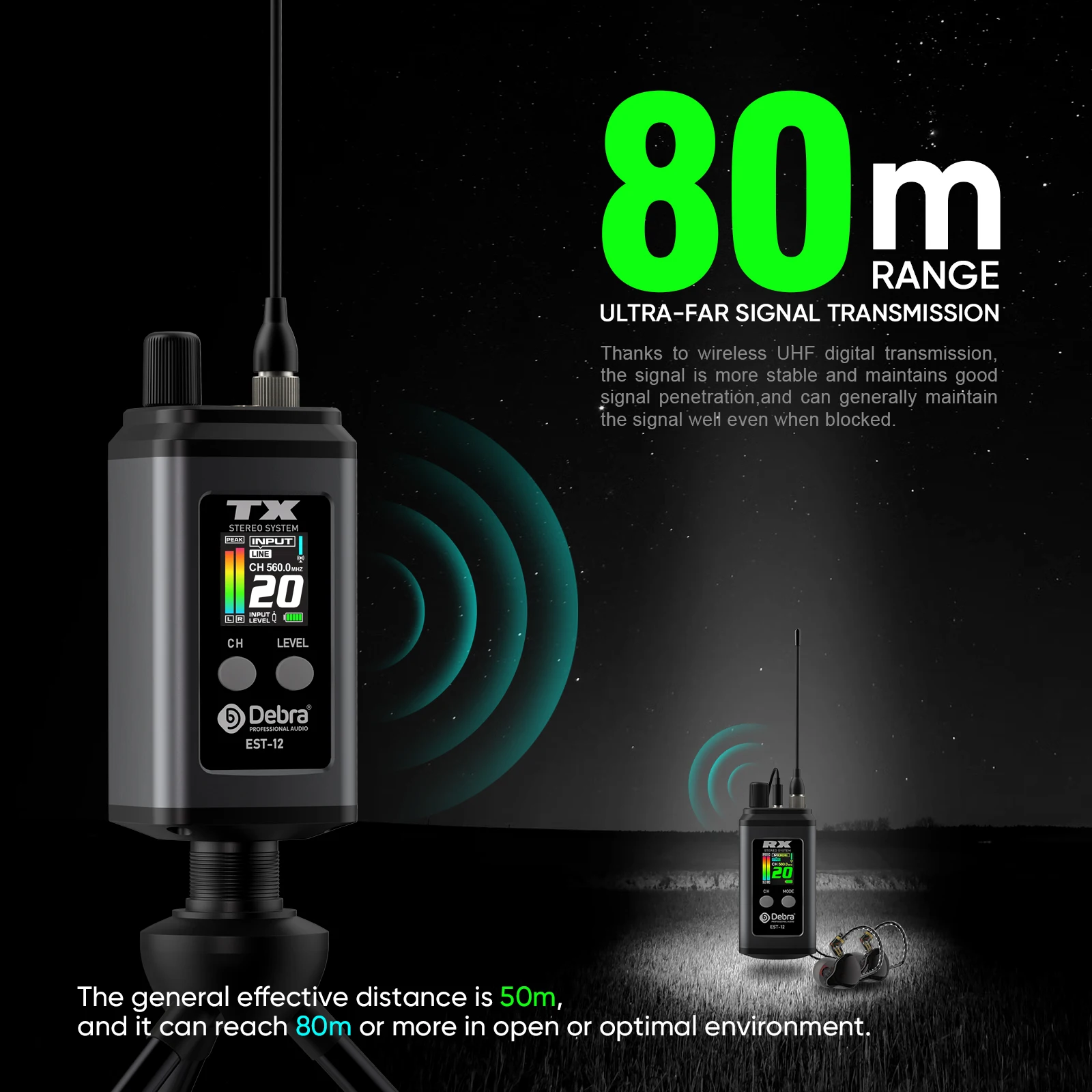 Debra EST-12 UHF Dual-Channel Wireless IEM System, 560-590MHz, 80m Range, Rechargeable In-Ear Monitor for Live Performance & Stu