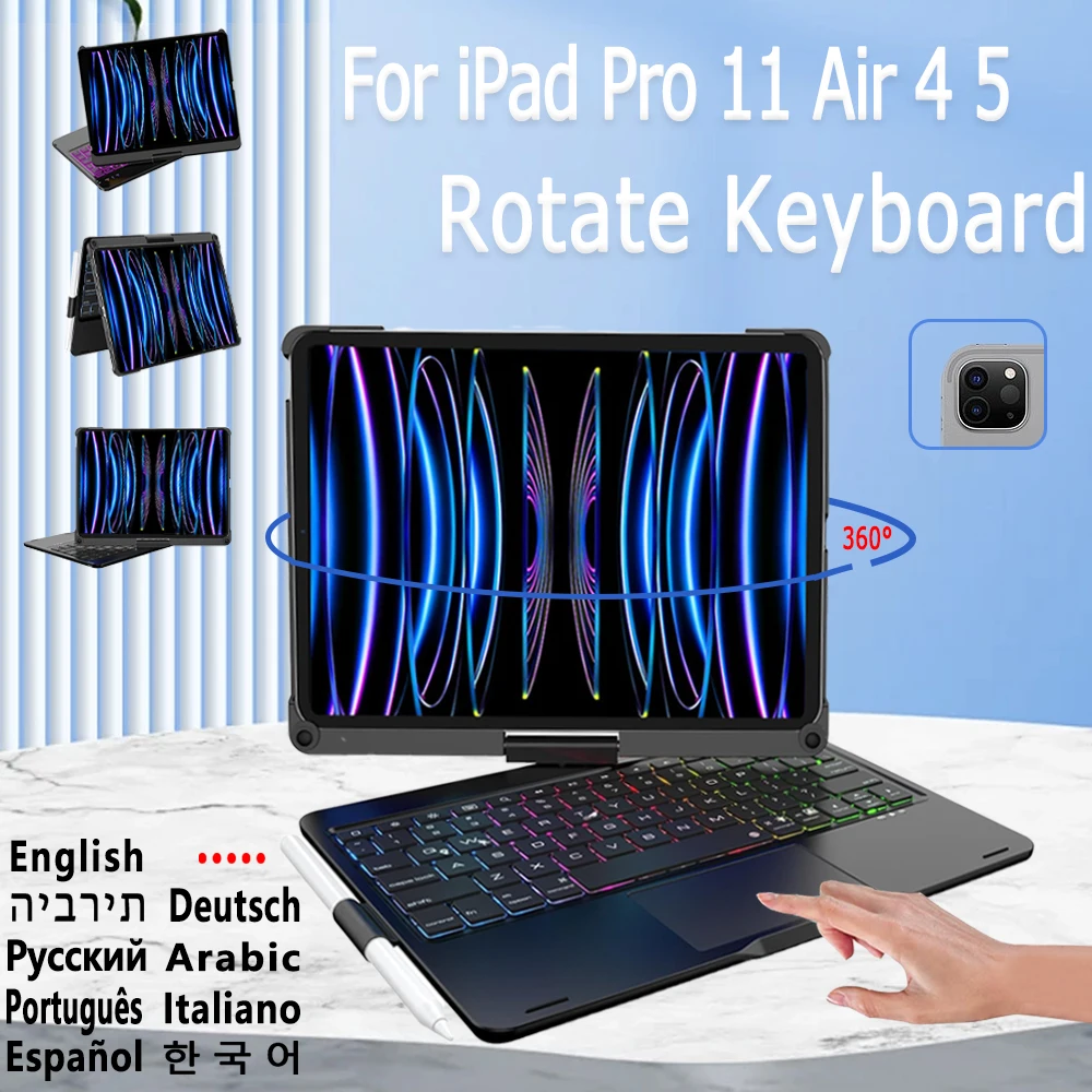 Rotate Keyboard Case For iPad Pro 11 A1980 A2228 Air 4 5 A2316 A2072 A2588 Spanish Korean Arabic Hebrew Backlight Keyboard Case