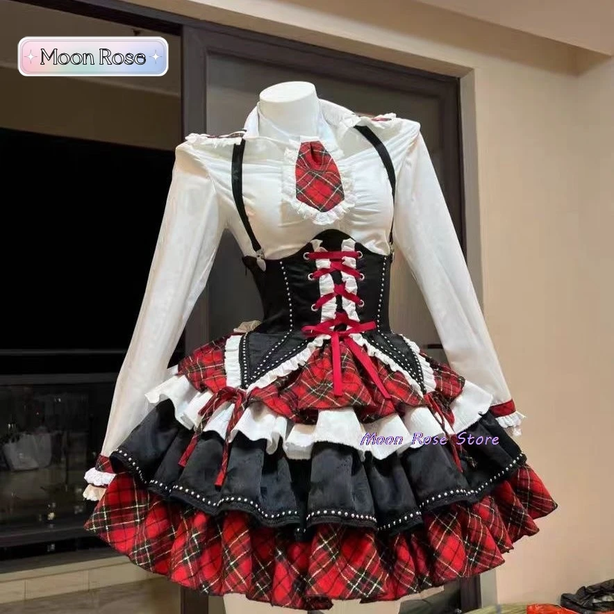 Plaid Patchwork Design Y2k Lolita Dress Sets Halloween Uniform Kawaii Mini Skirt Cosplay Anime Three Pieces Suit Women Costume