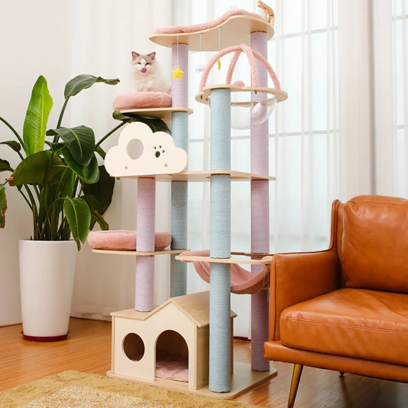 Solid Wood Cat Climbing Tree Tower, Cute Pink Pet Cats Tree House, Cat Gym Toys for Cats Scratching Post, Pet Products