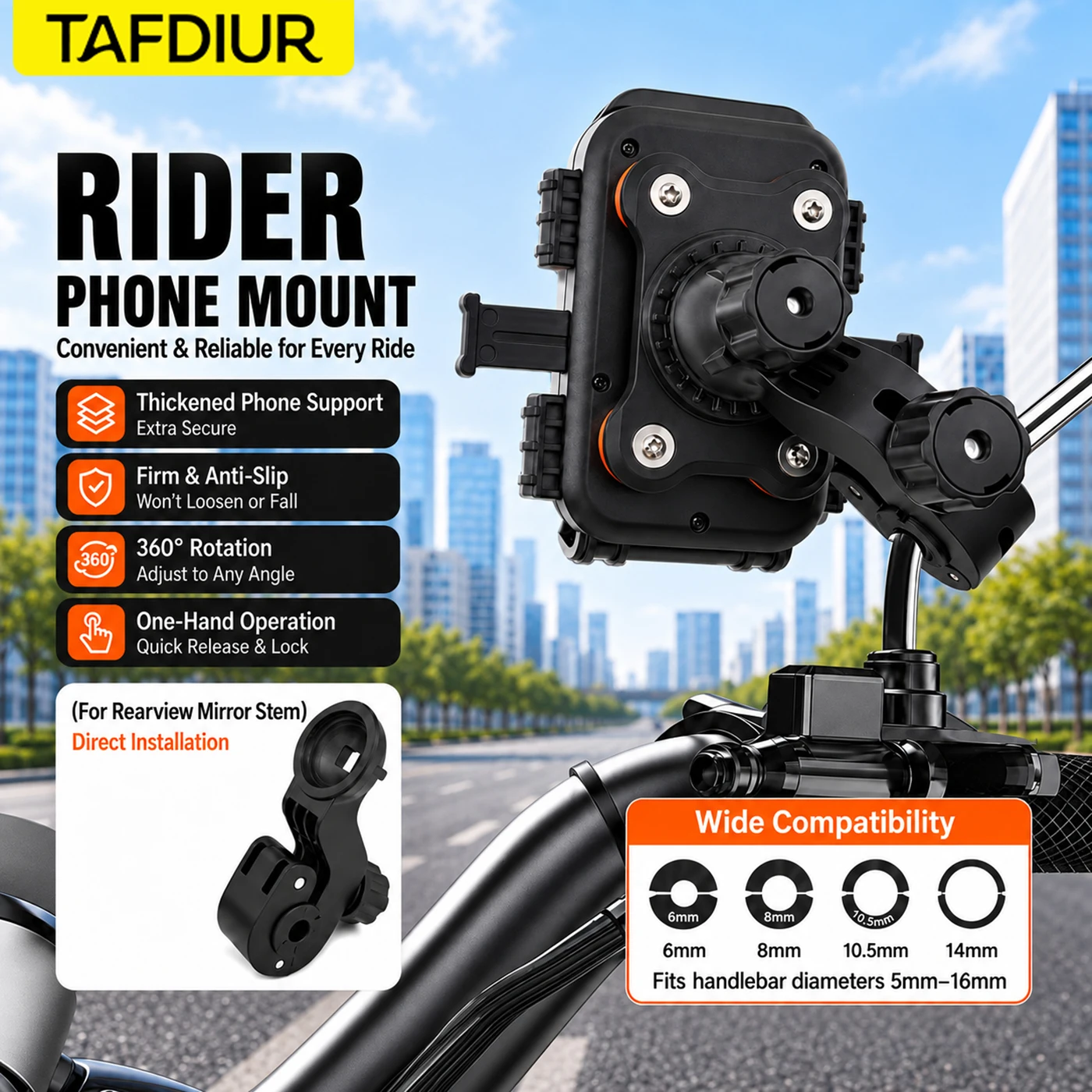 Tafdiur 1-Piece Abs Material Press-To-Unlock Motorcycle Phone Mount, Suitable for Motorcycles/Electric Scooters, Etc., with Six-Claw Stable Locking + Shock-Absorbing Airbag, No Need to Remove the Rearview Mirror for Installation, 360-Degree Rotation ° Rotating Adjustment, Compatible with Various Smartphones view 6