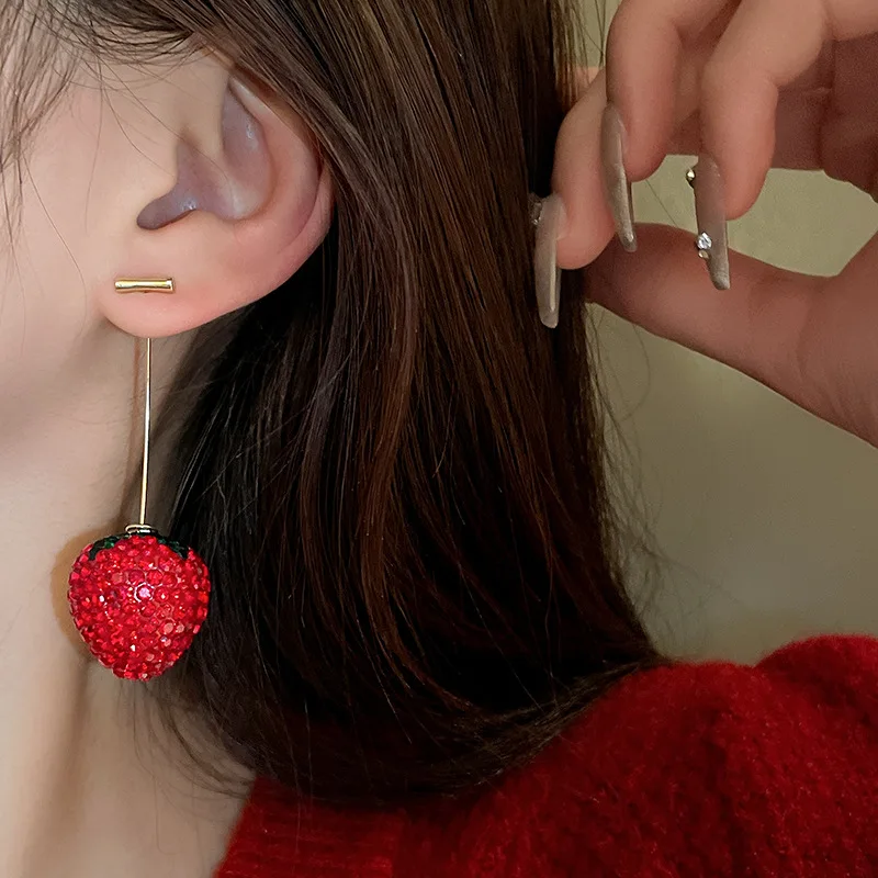 Cherry Strawberry Drop Earrings for Women Red Rhinestone Dangle Earrings Temperament Party Wedding Ear Jewelry Gifts