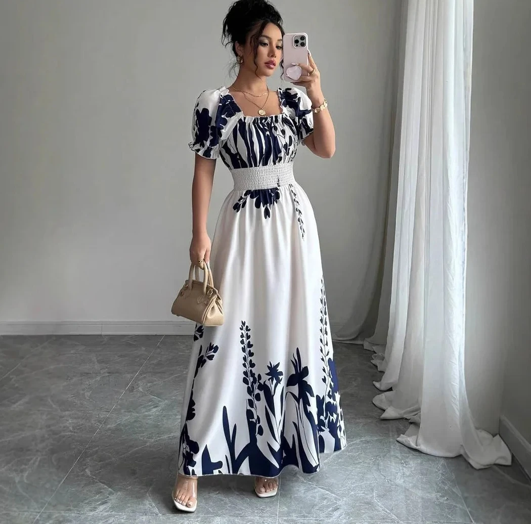 

Летнее платье женское с короткими рукавами-пузырьками и высокой талией, маятниковое платье на подтяжках с высокой талией и разрезным воротником, трапециевидное платье с цветочным принтом
