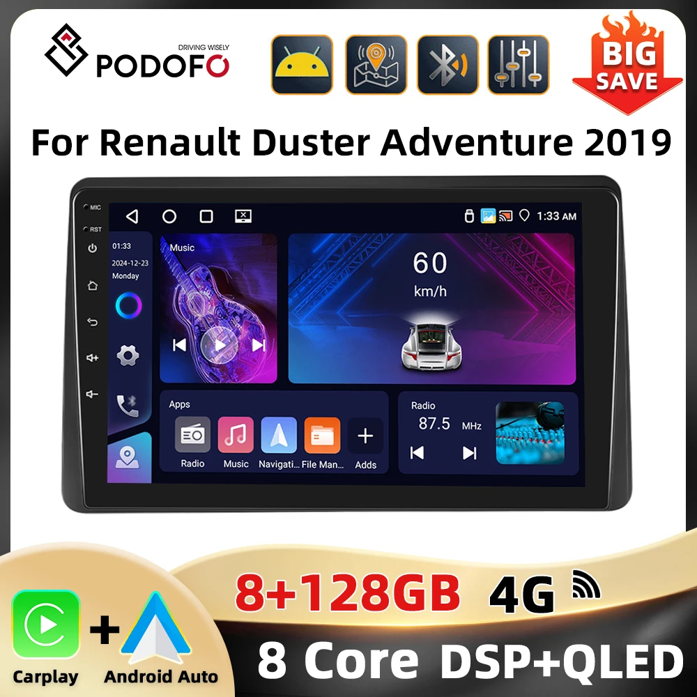 Podofo 10.1 ''8Core Car Stereo For Renault Duster Adventurer 2019 Multimedia Player Bluetooth 8 + 128G Carplay Android Auto WIFI