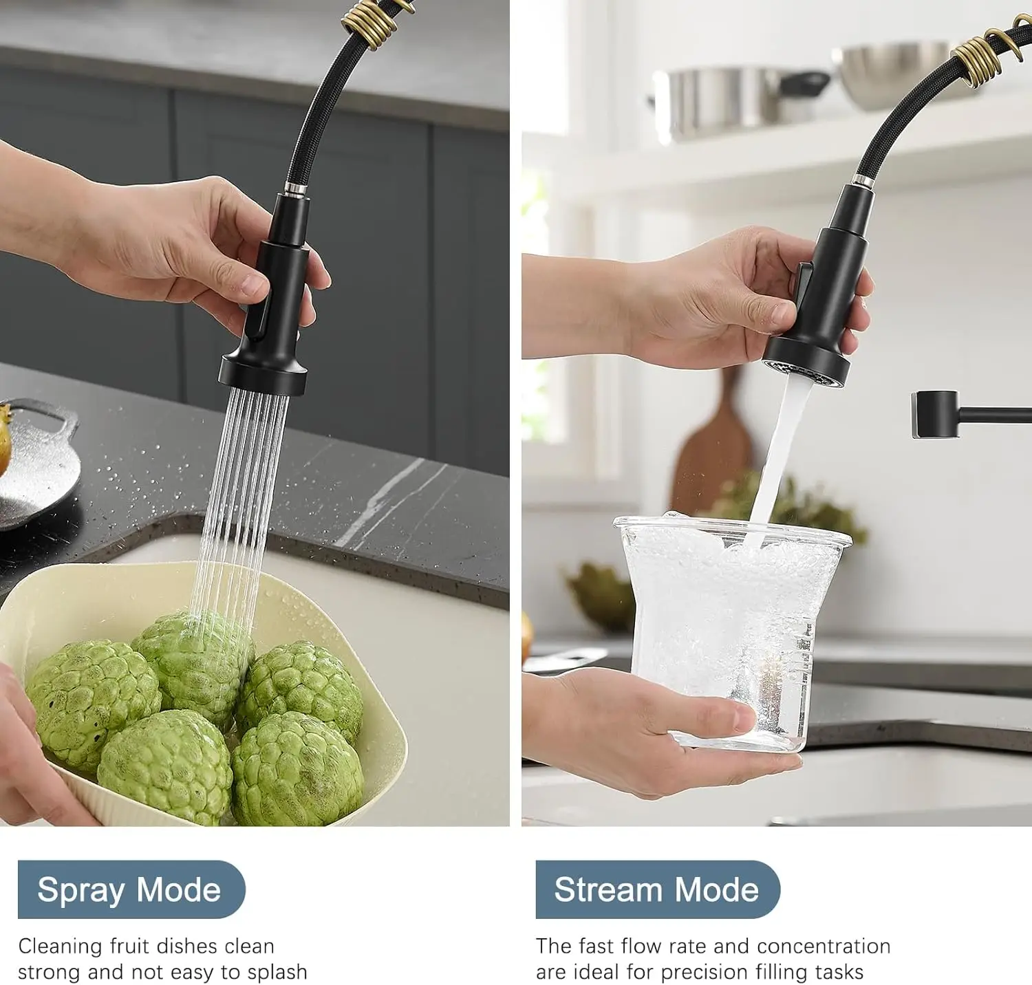 Robinet de cuisine noir mat, robinet de cuisine noir et or avec pulvérisateur extractible, robinet d'évier commercial à ressort à poignée unique