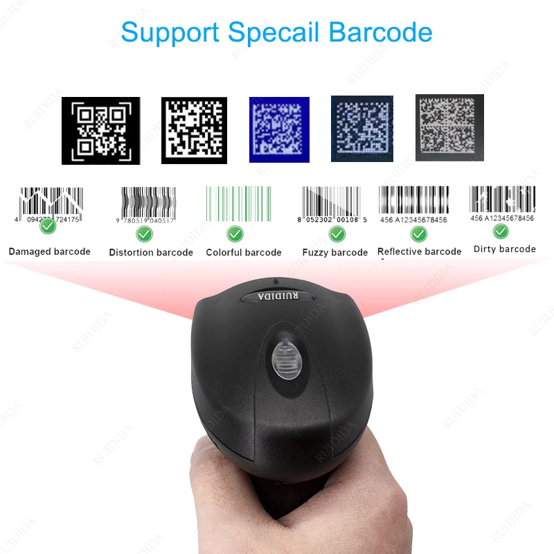 Scanner di codici a barre cablato con supporto o Scanner di codici qr Wireless con supporto o lettore Bluetooth portatile Bar portatile PDF417 DM