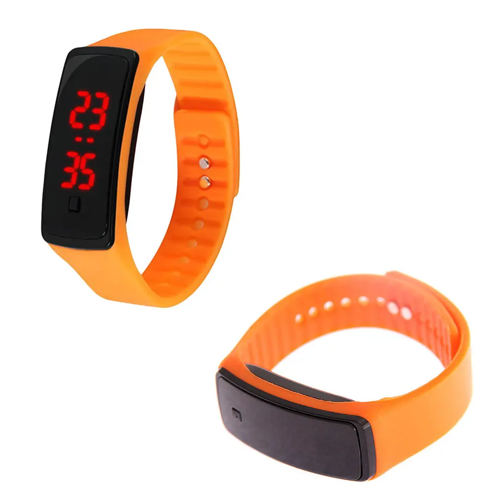 LED Digital Watch Fashion Unisex Student Silicone Band Adjustable Wristband Clear Screen Display Time Date Orange