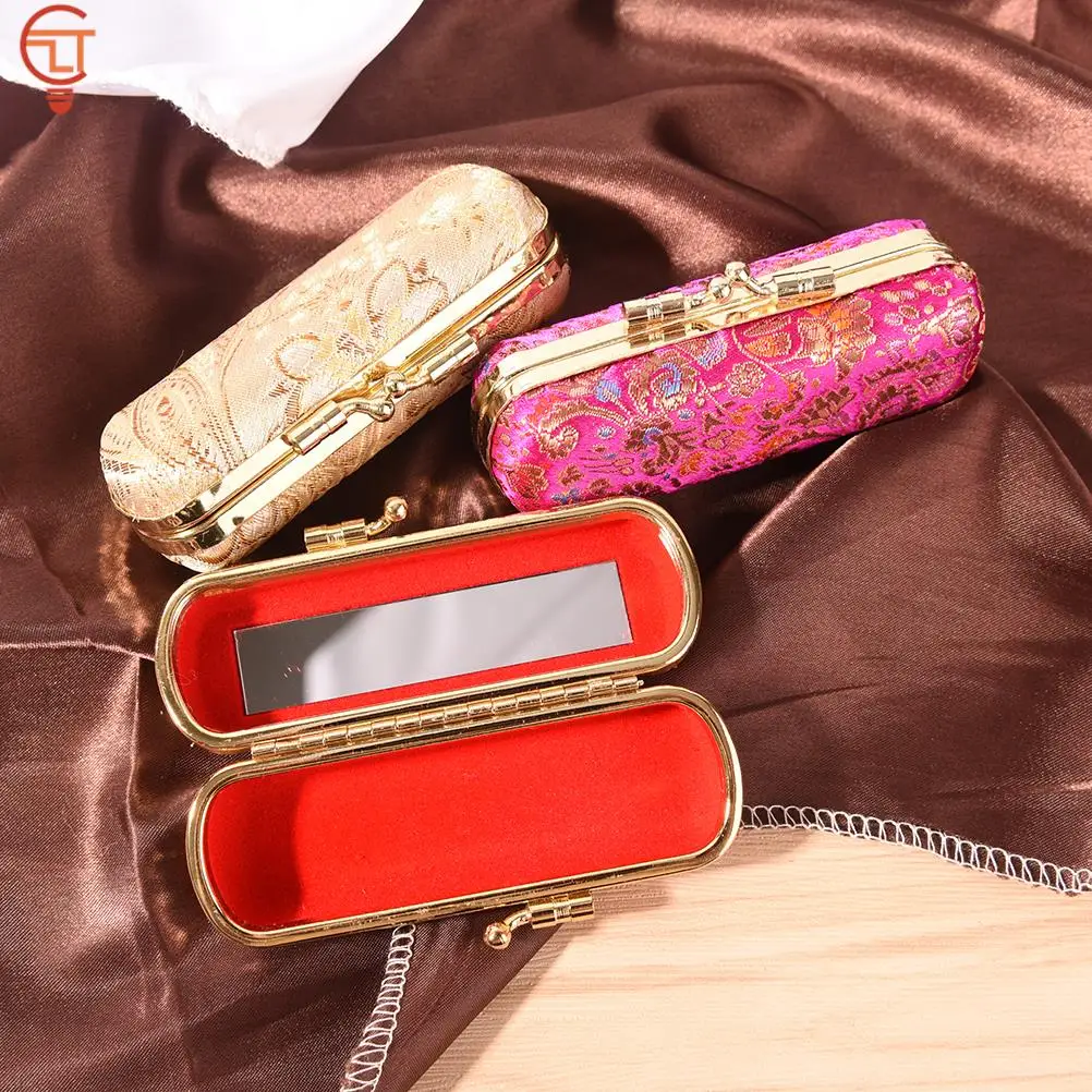 1pc Flower Jacquard Lipstick Case Single Jewellery Box Lip Gloss Storage Case Cosmetic Bags With Mirror Women Makeup Storage Box