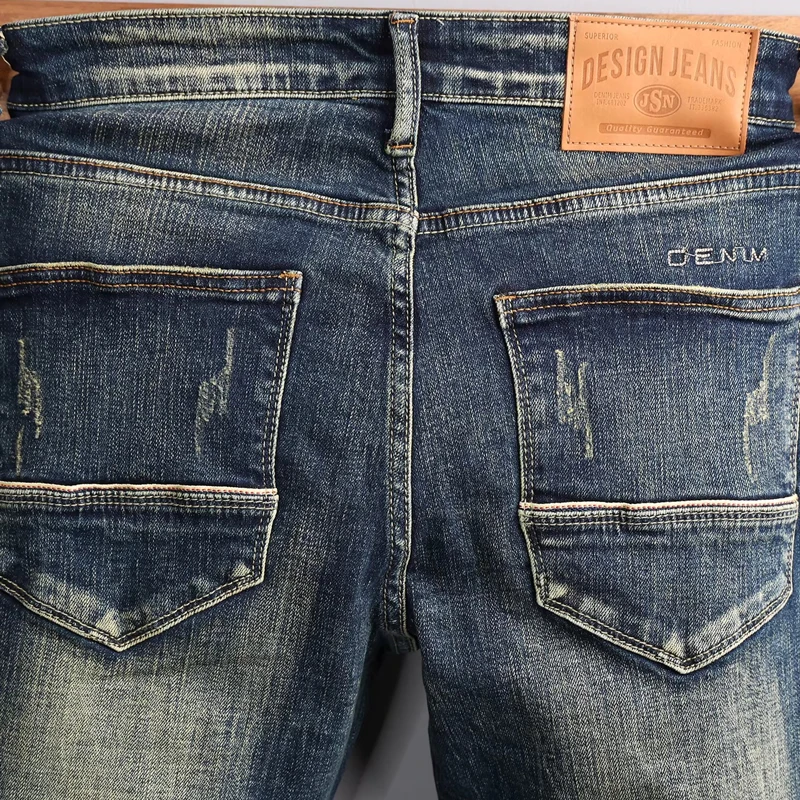 

Hombre Fashion New Men's Blue Jeans Perforated Patch Scratch Wash Nostalgic Stretch Slim Fit Jeans Straight Tube Pencil