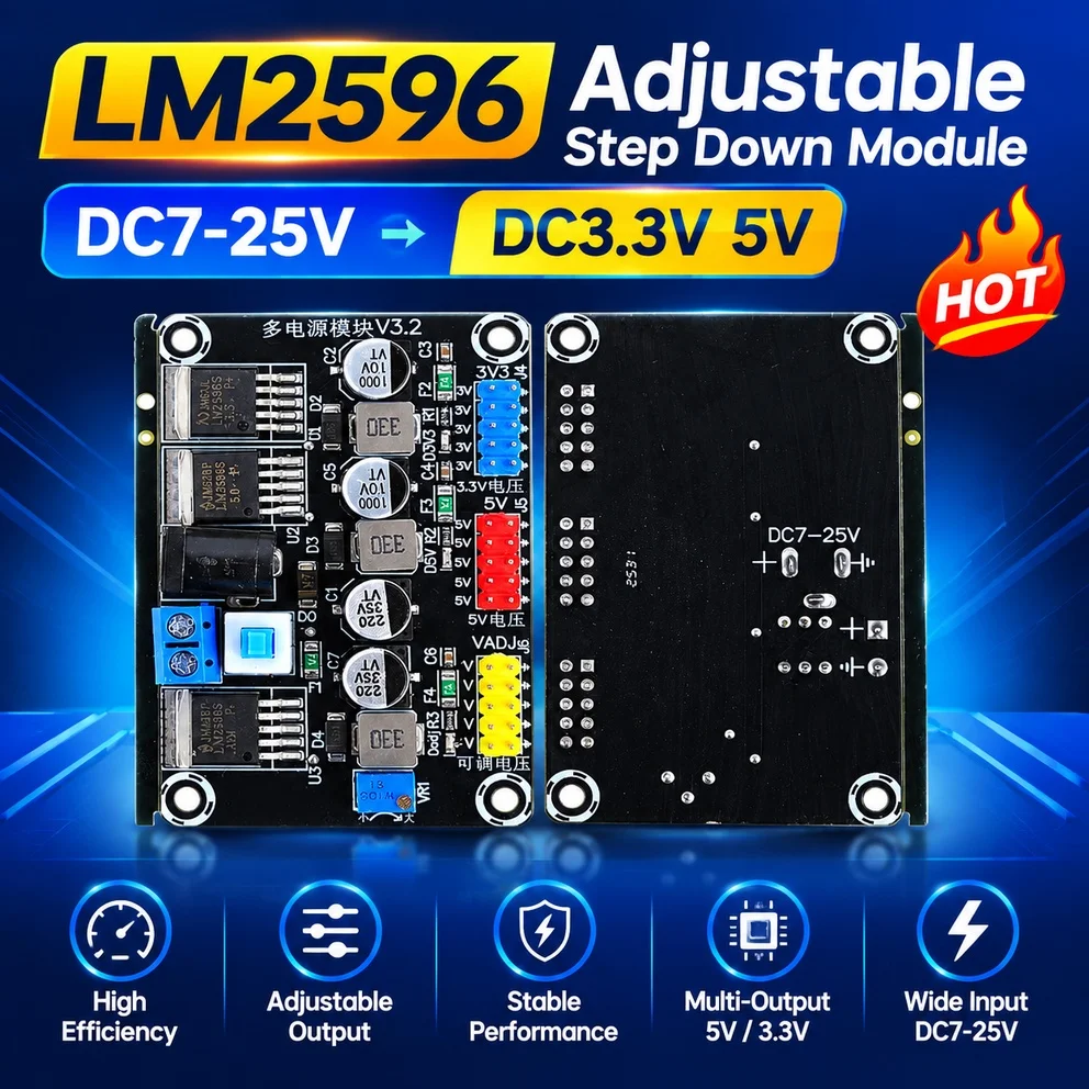 LM2596 Adjustable Step Down Module DC7-25V to DC3.3V 5V for Smart Car Experiment Power Supply Voltage Regulator Buck Converter