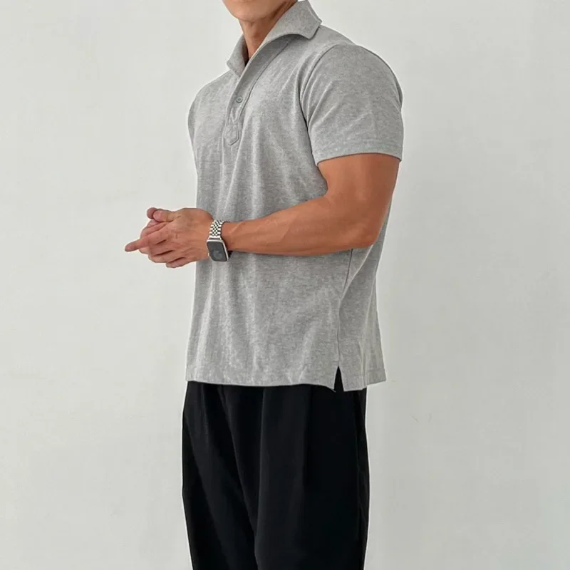 New Muscular Men's Fitness POLO Shirt Fashion Silky Training T-shirt Solid Sports Top