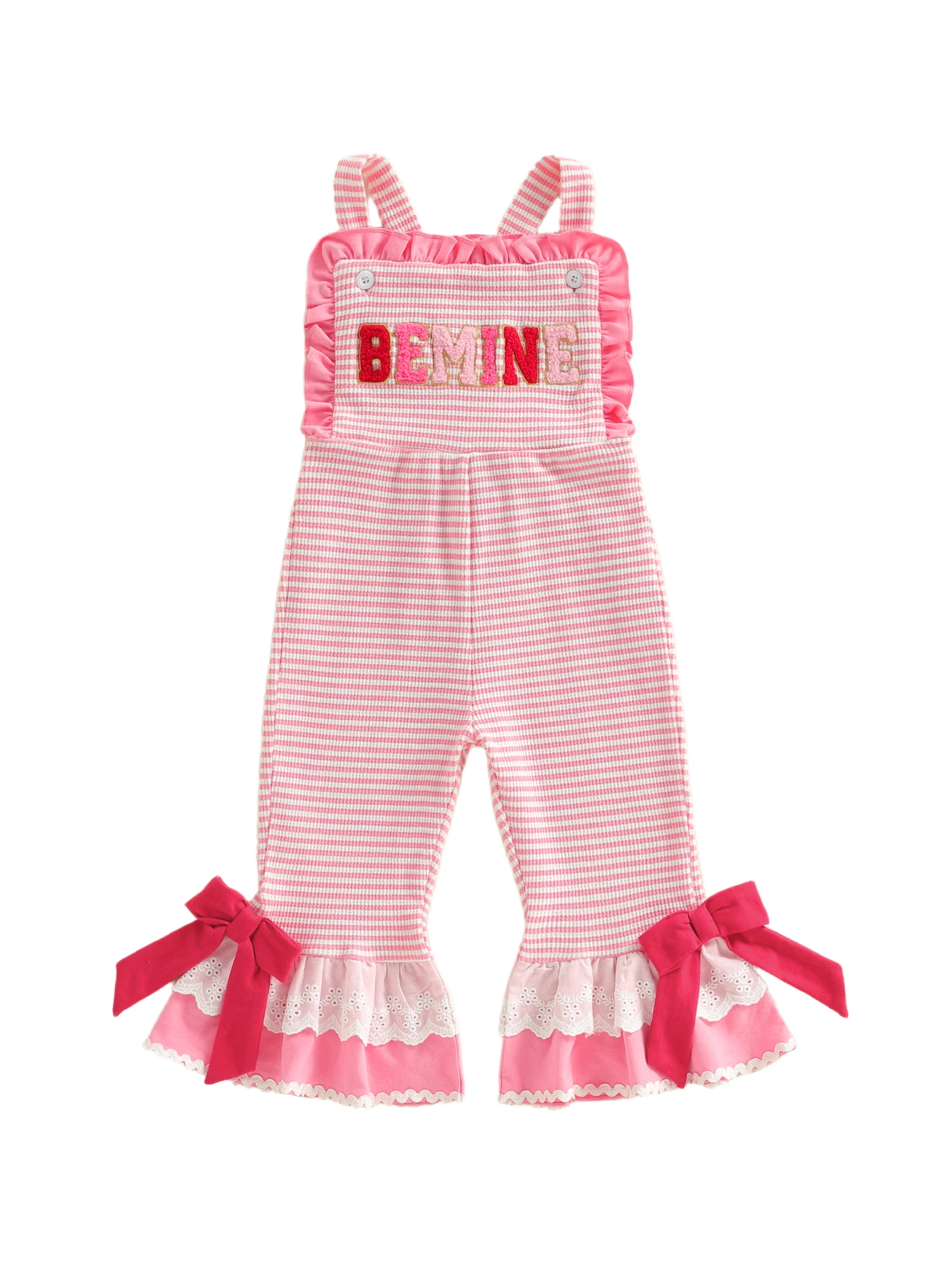 ملابس جمبسوت رائعة للفتيات الصغيرات من قماش الدنيم مع تطريز على شكل قلب وحاشية مكشكشة بدون أكمام ورقبة مربعة لعيد الحب