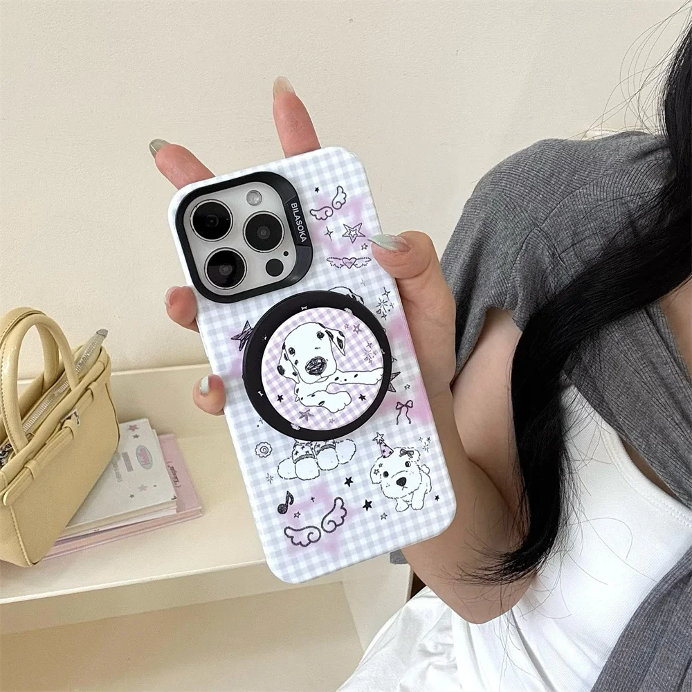 

INS stylish plaid wing pattern cute puppy magnetic with Magsafe stand shock-proof cases for iPhone 13 14 15 16 Pro Max 16 Fundas
