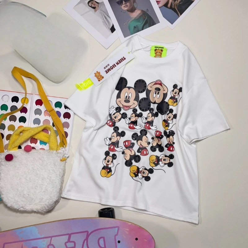  2024 Spring And Summer New Temperament Youthful-Looking Cartoon Beaded Printed Pullovers Loose-Fitting Casual T-shirts