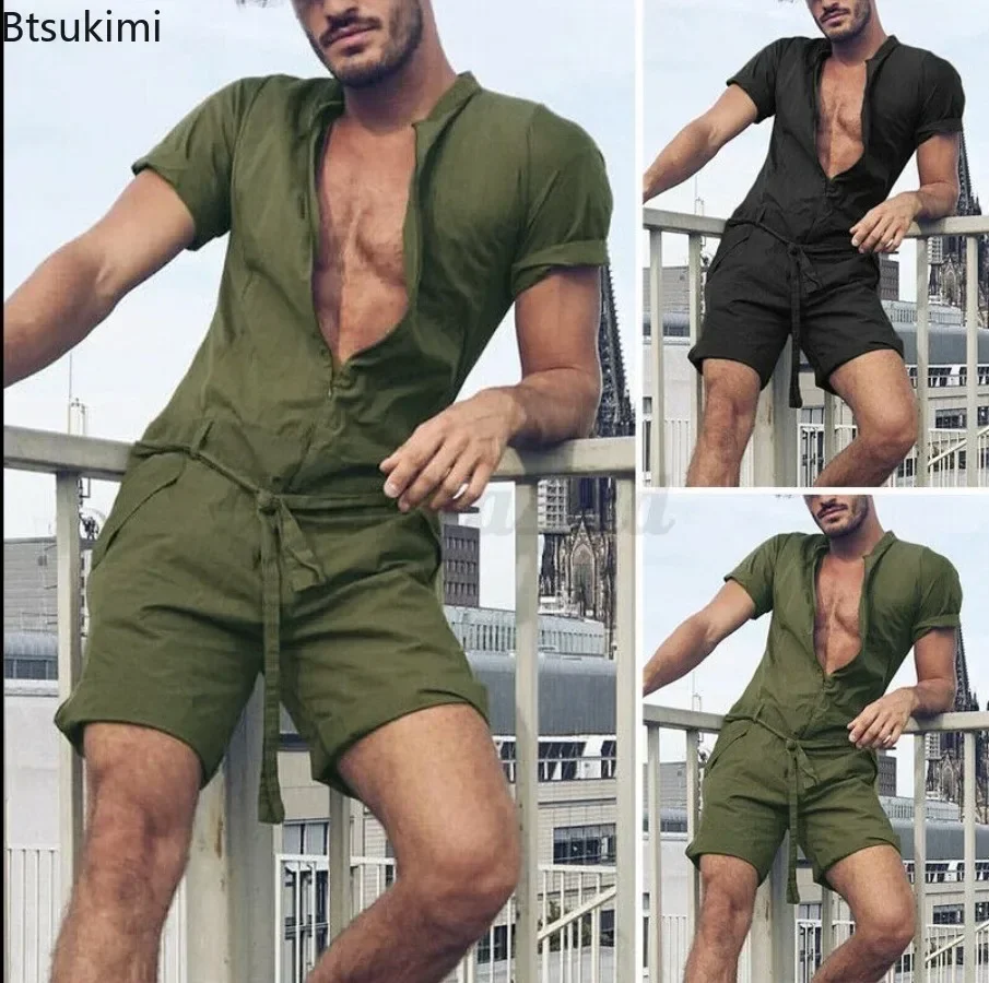 New Men\'s Summer Sets Solid Casual Jumpsuits Fashion One Piece Short Sleeve Shorts Waist Lace-up Bodysuit Men Streetwear Rompers