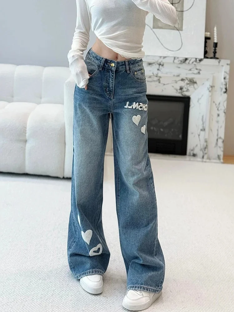 

3D Floing Print Wide Leg Jeans Women's Spring 2025 Vintage Loose Fit Straight Cut Pants High Waist Long Trousers