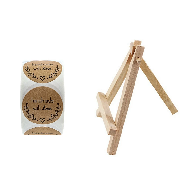 

(NEW) 1 Roll 1 Inch Round Natural Kraft Olive Branch Handmade With Love Stickers & 50 Pcs Kids Mini Wooden Easel