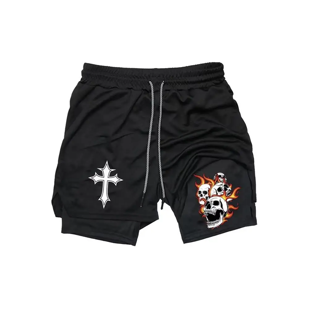 Short de Fitness deux en un pour hommes, pantalon de plage Double couche, imprimé tendance, sport, entraînement en plein air, course à pied, HX0047